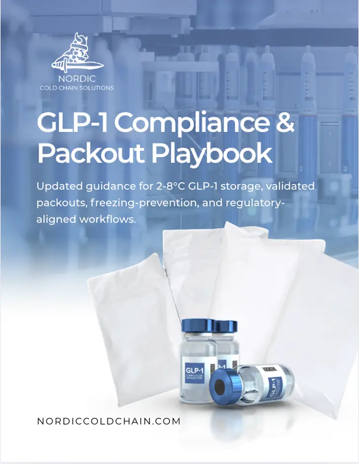 Nordic Cold Chain Solutions promotional graphic for the GLP-1 Compliance & Packout Playbook, featuring GLP-1 medication vials and white shipping sachets against a blue industrial background with 2-8°C storage guidance text.