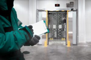 Hand of worker with clipboard checking goods in freezing room or warehouse. Export-Import Logistics system concept