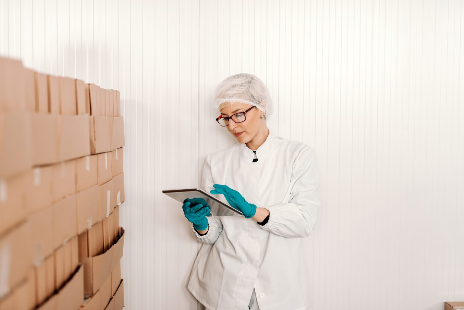 Blonde female employee in sterile uniform using tablet for logistics