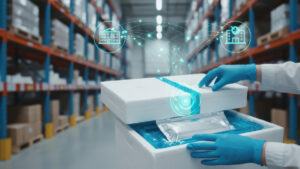 A person in blue nitrile gloves handles a white styrofoam insulated shipper in a warehouse, with a digital graphic overlay showing connected healthcare and pharmacy icons.