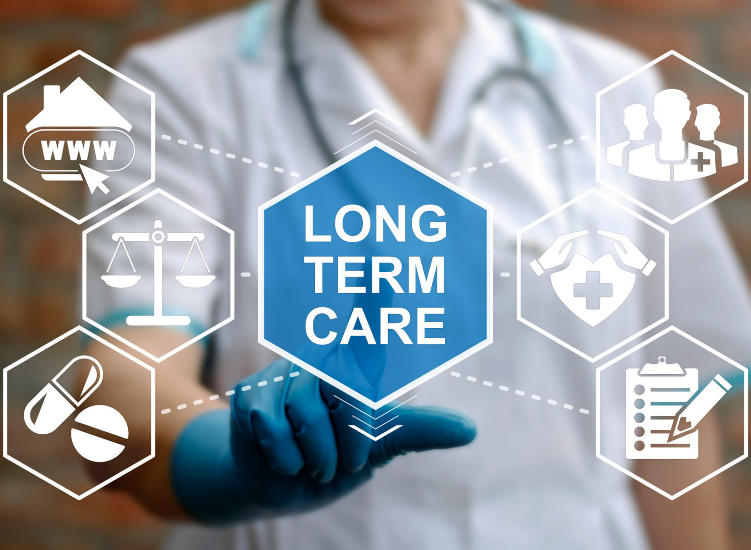 A medical professional interacting with a digital interface showing "Long Term Care" surrounded by icons for medication, legal, and facility management.