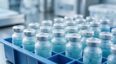 A close-up of multiple glass medication vials with silver caps sitting in a blue tray with visible condensation, representing refrigerated peptides.