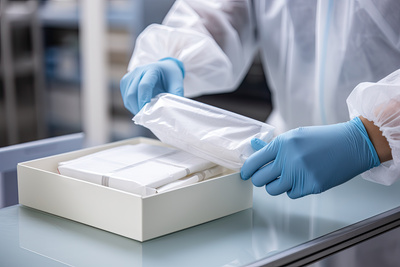 A medical staff member in a full protective gown and gloves carefully placing sealed pharmaceutical kits into a shipping box in a cleanroom environment.