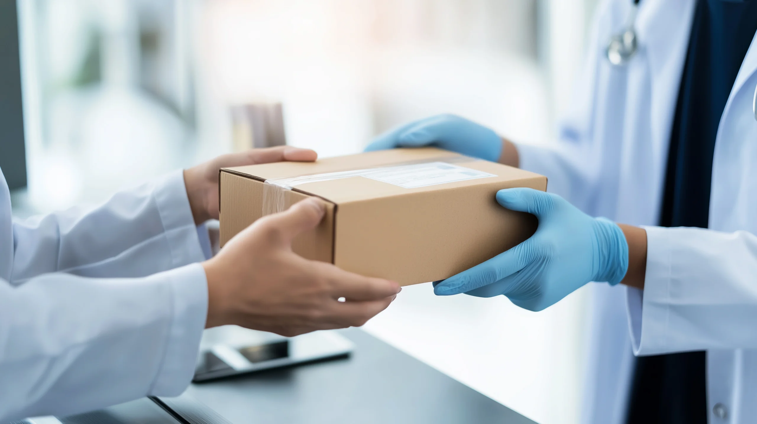 Two people in lab coats and blue medical gloves passing a cardboard shipping box to one another, representing a secure and professional chain of custody during delivery.