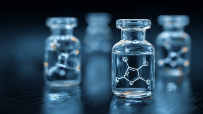 A high-tech close-up of a clear glass medical vial with a white chemical molecular structure overlay, set against a dark, professional blue background.