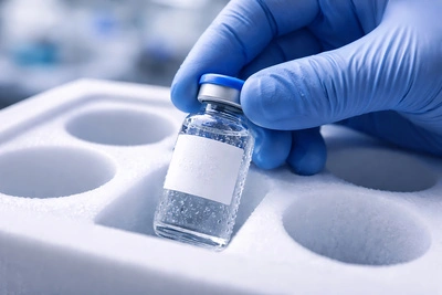 A close-up shot of a hand in a blue nitrile glove lifting a clear glass vial with a blue cap out of a custom-molded white foam insulated shipping container.