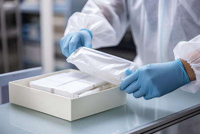 A doctor or laboratory assistant in a medical gown and latex gloves unpacks a package on the table in the laboratory.
