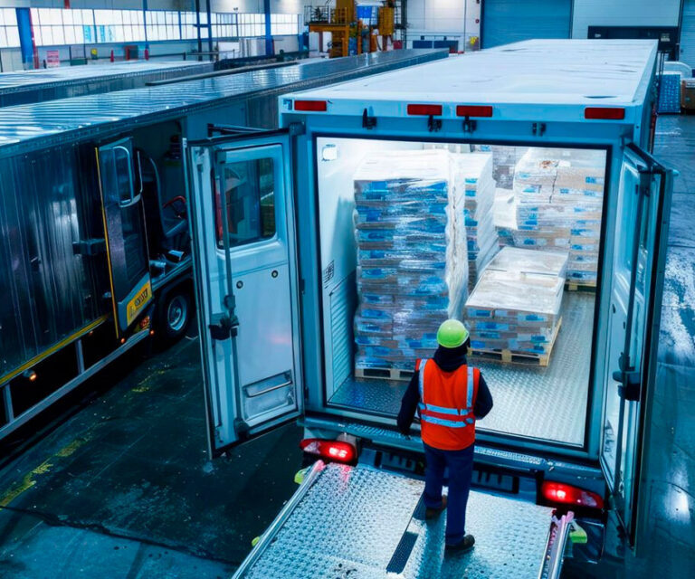 An aerial view of a warehouse worker in a safety vest loading pallets into a brightly lit refrigerated semi-trailer at a logistics hub.