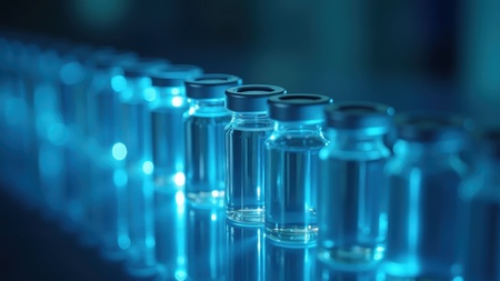 A row of blue-tinted glass medication vials on a manufacturing line, representing temperature-sensitive pharmaceuticals.