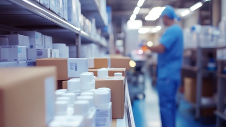A blurred pharmacist in blue scrubs working in a pharmacy warehouse with shelves full of medication boxes and shipping containers.