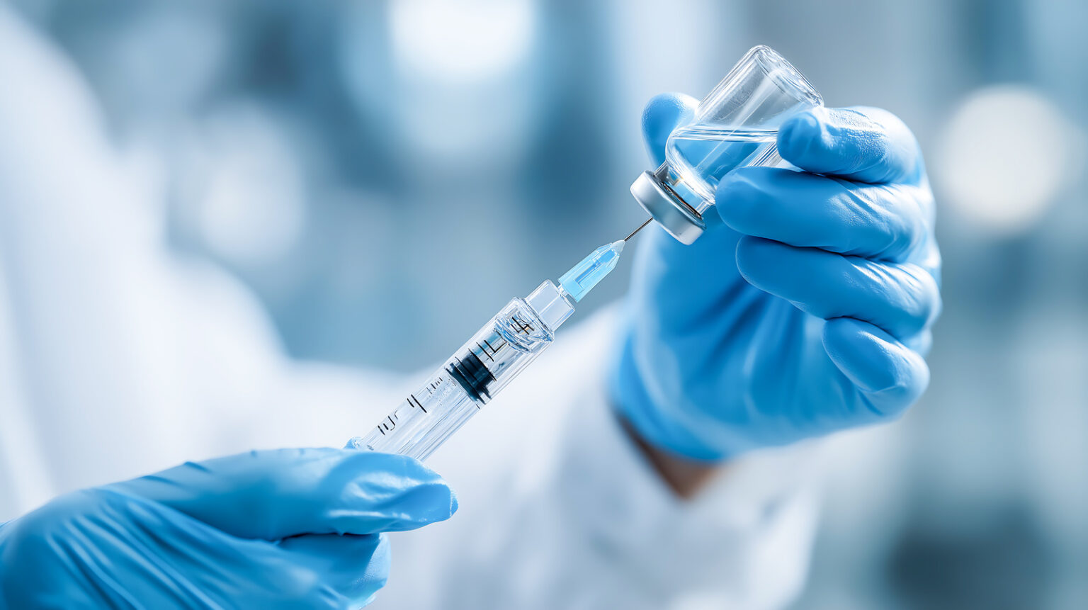 A close-up of hands in blue medical gloves using a needle to draw clear liquid medication from a glass vial into a syringe.