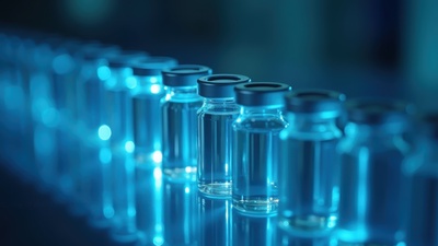 A long, shallow-focus row of clear glass medical vials with blue caps on a reflective surface, illuminated by a cool blue light to signify a sterile cold chain environment.