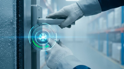 Close-up of gloved hands opening a heavy industrial freezer door, with a digital blue snowflake and circular "control" graphic overlaid on the handle.