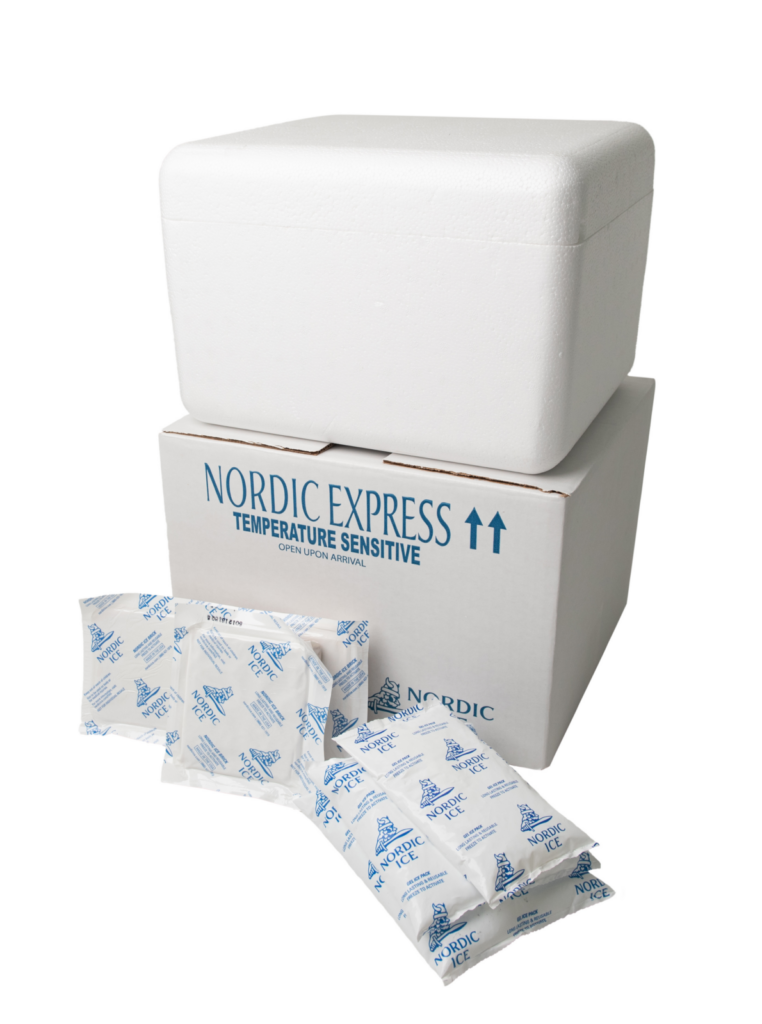 A Nordic Express insulated shipping box with a foam cooler insert and several gel refrigerant packs laid out in front of a white background.