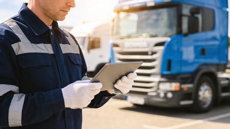 A delivery driver in a blue uniform using a digital tablet in front of a large transport truck to manage medication delivery stops.