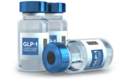 A high-quality render of three glass vials with blue caps, labeled "GLP-1 Compounded Semaglutide," used in specialty pharmacy and mail-order channels.