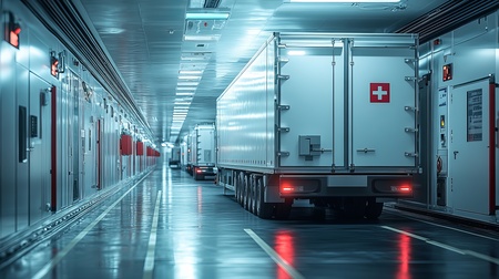 Multiple white refrigerated semi-trailers parked in a specialized cold-loading dock facility with high-tech lighting.
