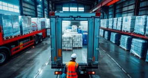 A logistics worker in a safety vest stands before an open refrigerated truck in a large warehouse filled with pallets of medical supplies, illustrating a complex distribution route.