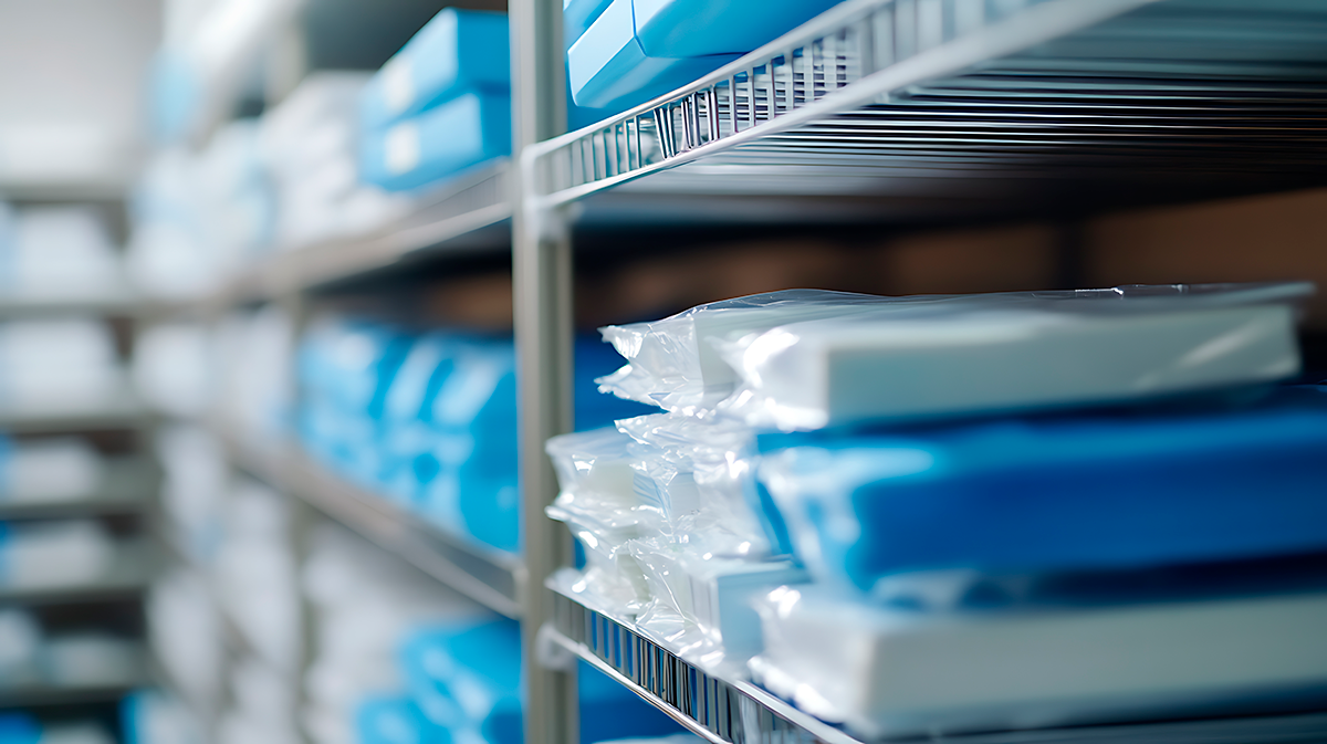 Neatly organized rows of blue and white frozen gel refrigerant packs and insulated liners on wire shelving in a temperature-controlled storage area.