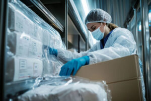 A pharmacy technician in a full sterile gown, mask, and blue gloves carefully organizes medical supplies into a shipping box within a cleanroom environment.