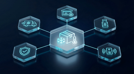 A digital 3D interface showing icons for refrigerated transport, warehouse storage, medication, and thermal monitoring.