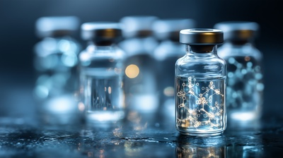 A close-up of a clear medical vial with a glowing amber and white molecular structure graphic inside, set against a dark blue laboratory background.