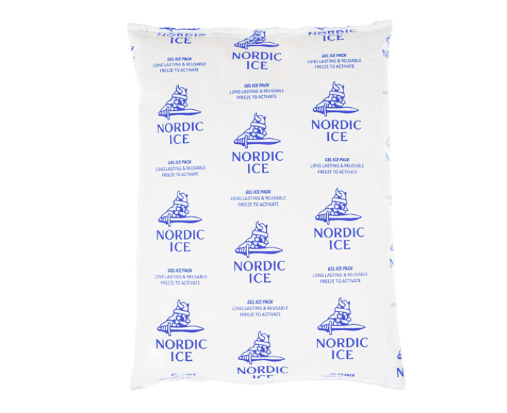 A white Nordic Ice gel ice pack used for maintaining 2 to 8°C temperatures in refrigerated medication shipments.