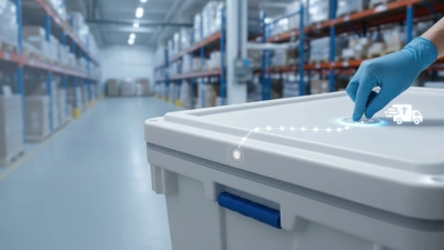 A blue-gloved hand touches a digital icon on top of a white medical shipping container, showing a glowing dotted path and a truck symbol to represent advanced transit tracking.
