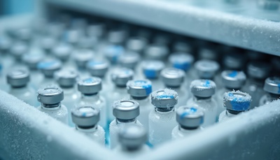 Frost-covered vials of medicine sit in cold storage. Pharmaceutical containers are chilled for preservation. Cold chain logistics ensure, vaccine potency.