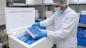 A lab professional in a white coat, mask, and blue gloves carefully places a tray of medical vials into a large, white insulated cooler filled with blue gel packs.