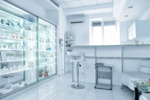 A bright, modern longevity clinic interior featuring a refrigerated glass display case for temperature-sensitive therapies and a clean, professional medical reception area.