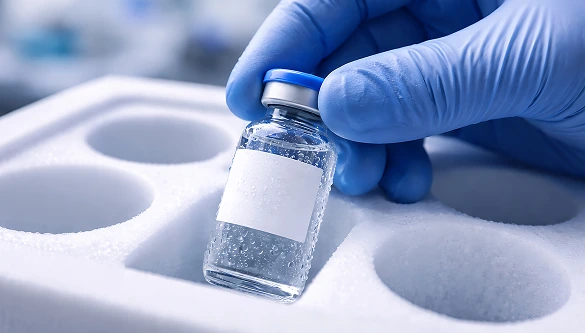 A gloved hand carefully placing a medical vial into a custom-fitted insulated foam tray, showcasing precision cold chain packaging for small-format healthcare shipments.