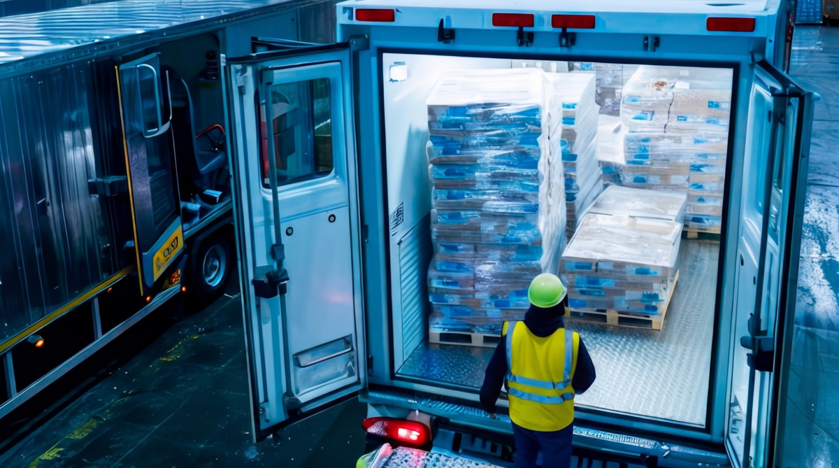 An aerial view inside a cool-toned warehouse where a delivery driver, wearing a yellow safety vest and helmet, stands at the back of an open refrigerated truck fully loaded with small-format medication boxes on pallets, emphasizing integrated distribution.