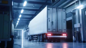A large, specialized refrigerated freight truck, illuminated by cool-blue LED lights, is parked at a modern loading dock for precise temperature-controlled transfer.
