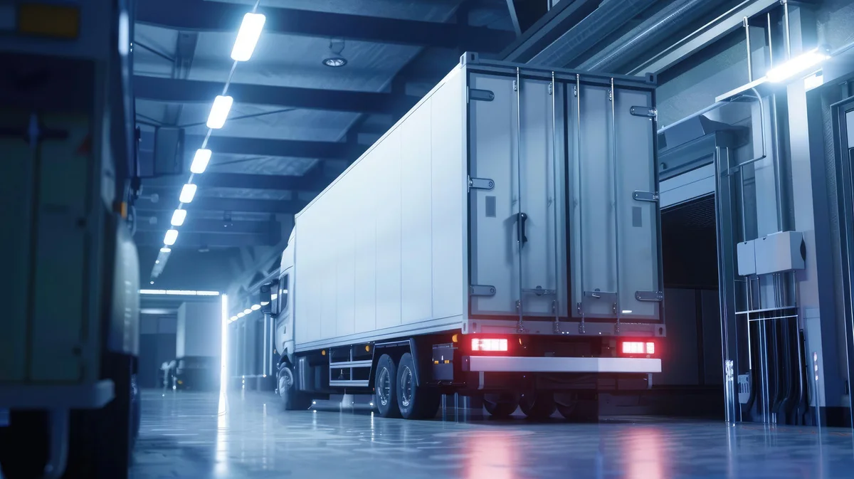 A large, specialized refrigerated freight truck, illuminated by cool-blue LED lights, is parked at a modern loading dock for precise temperature-controlled transfer.