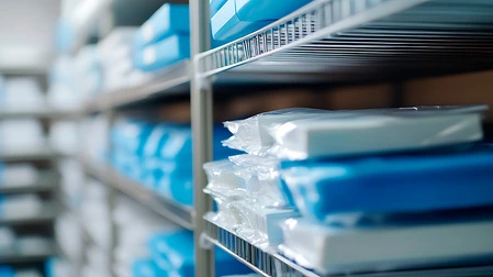 Organized warehouse shelves with insulated medical packaging ready for large-scale pharmaceutical distribution.