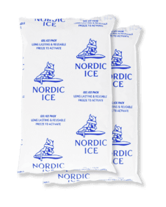 Nordic Ice brand blue reusable gel packs used as refrigerants for temperature-sensitive longevity medication shipments.