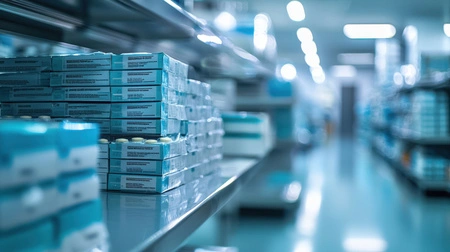 Stacks of pharmaceutical boxes on pharmacy shelves representing the ambient distribution pathway for oral GLP-1 therapies.