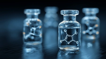 Glass vials featuring molecular peptide structures representing the chemical stability required for cold chain distribution.