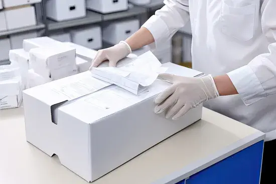 A person wearing white gloves and a white lab coat is shown sealing a large white insulated shipping box on a clean packing table in a pharmacy fulfillment area.