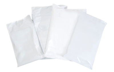 Four white, various-sized insulated gel cold packs are arranged against a black background, showcasing the tools used for thermal segregation in shipping.