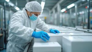 Pharmacy technician in a sterile white protective suit and mask organizing medicine boxes on a conveyor belt.