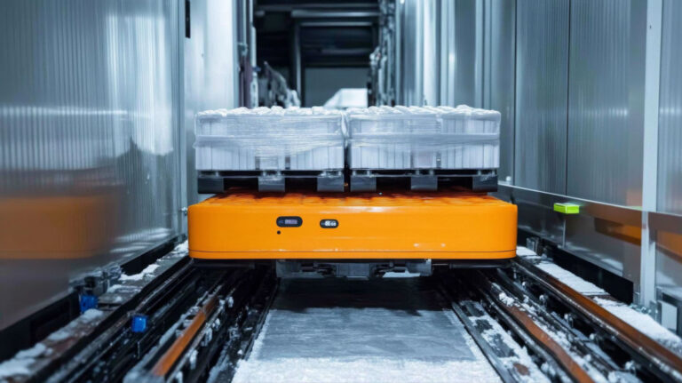 automated guided vehicle transporting bulk palletized biological cargo inside a temperature controlled facility
