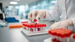 gloved lab technician organizing blood specimen vials on a tray for cold chain shipment