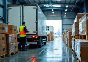 Logistics worker supervising pallets and freight trucks for long lane peptide distribution