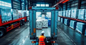 logistics worker supervising cold chain freight loading into a refrigerated transport truck inside a warehouse facility