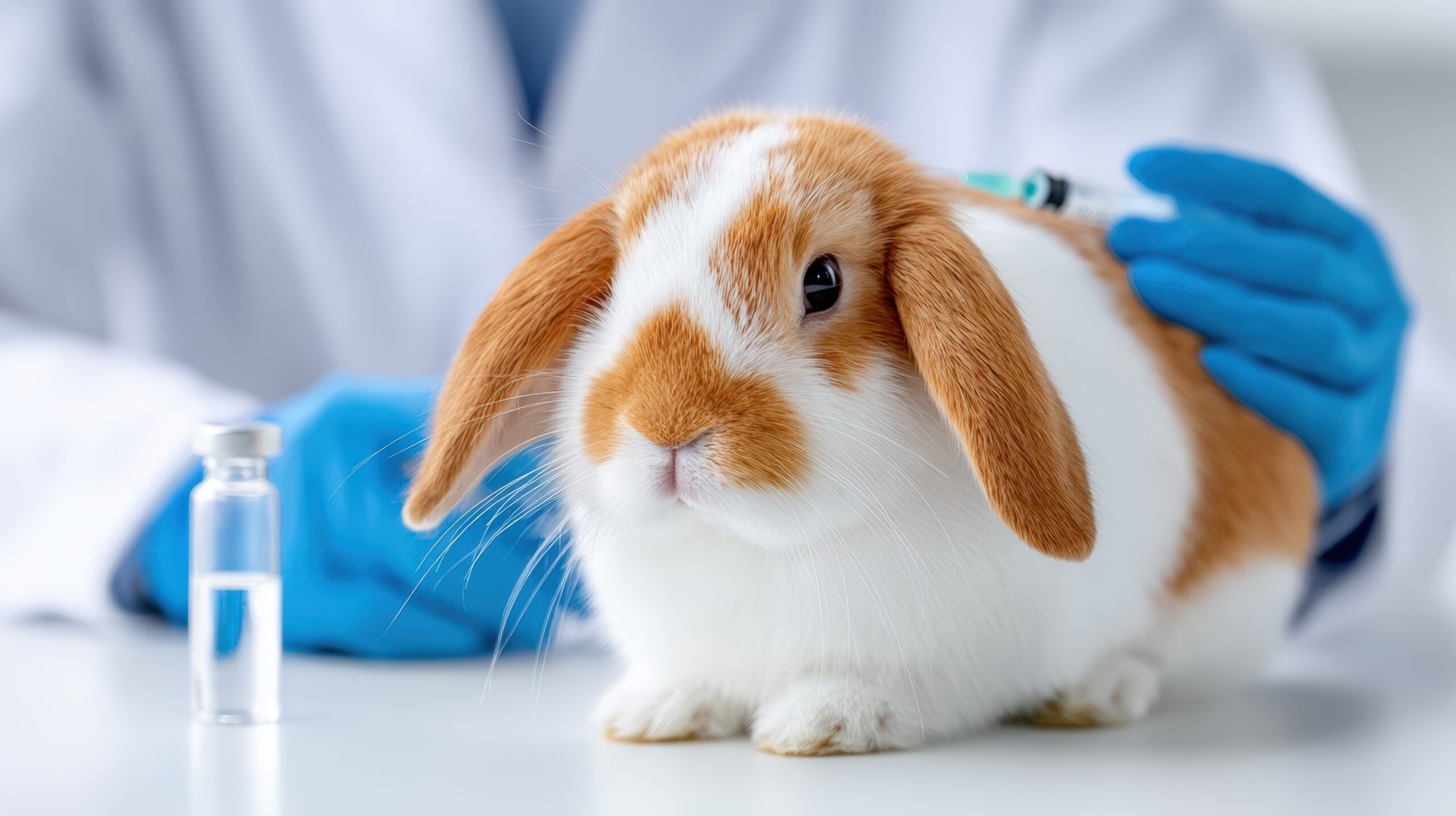 Domestic rabbit is receiving a vaccination in a veterinary clinic with a veterinarian's gloved hand holding a syringe and a vial of medicine on the table